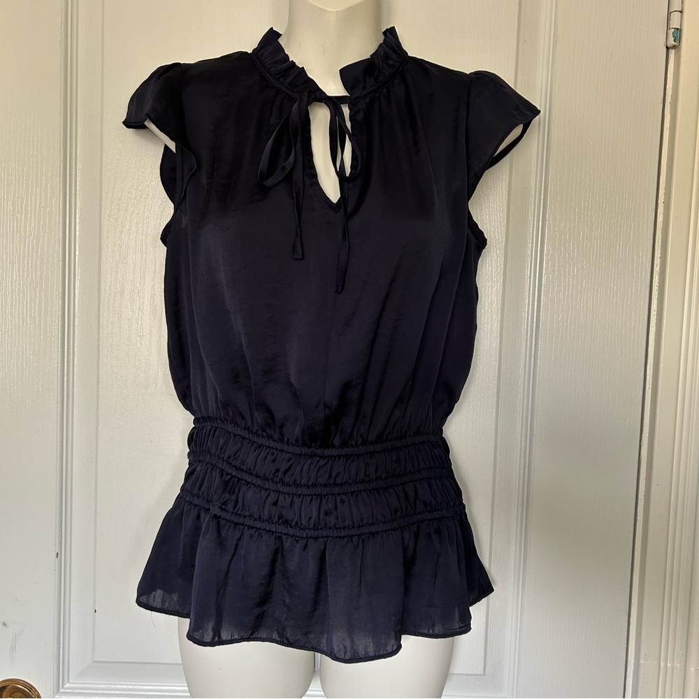 CeCe Navy Ruffled Blouse XS Women